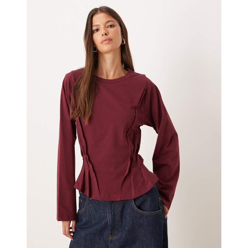 ASOS DESIGN long sleeve seam detail corset tee in burgundy-Multi