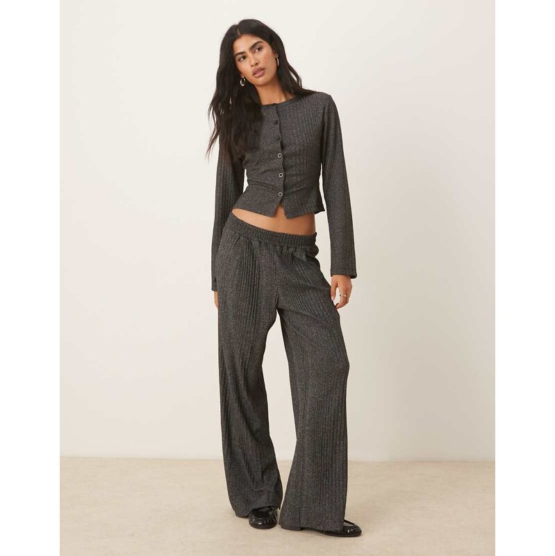 ASOS DESIGN rib detail wide leg trousers in charcoal marl-Grey 108221554