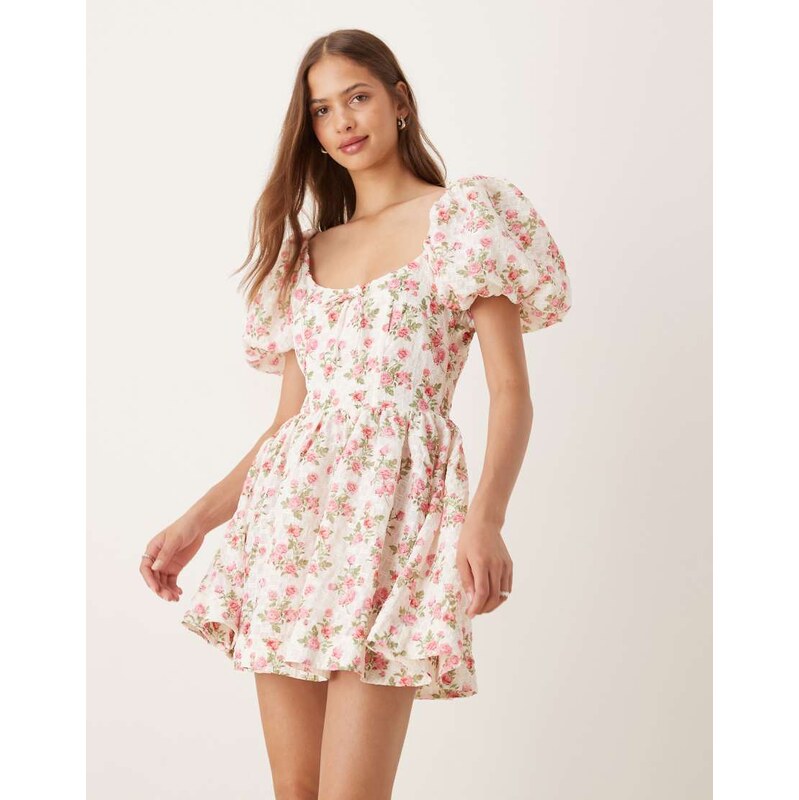 For Love & Lemons puff sleeve milkmaid mini dress in white