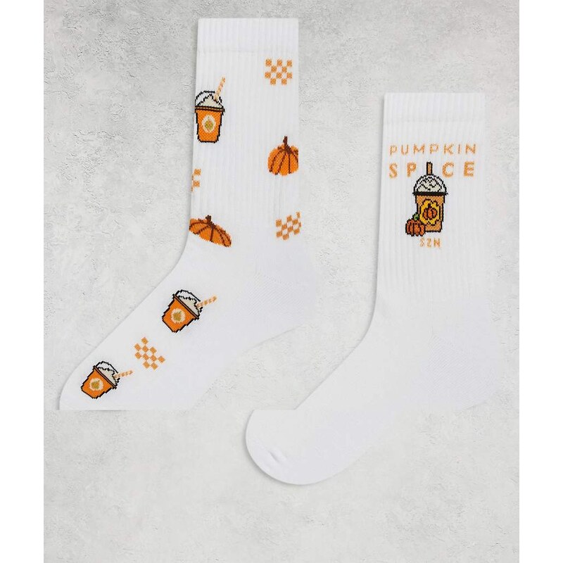 ASOS DESIGN 2 pack socks pumpkin spice graphic in white 108221571