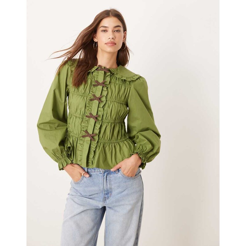 Glamorous olive green shirred blouse with brown bows