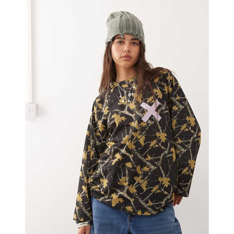 COLLUSION camo printed airtex long sleeve top-Black