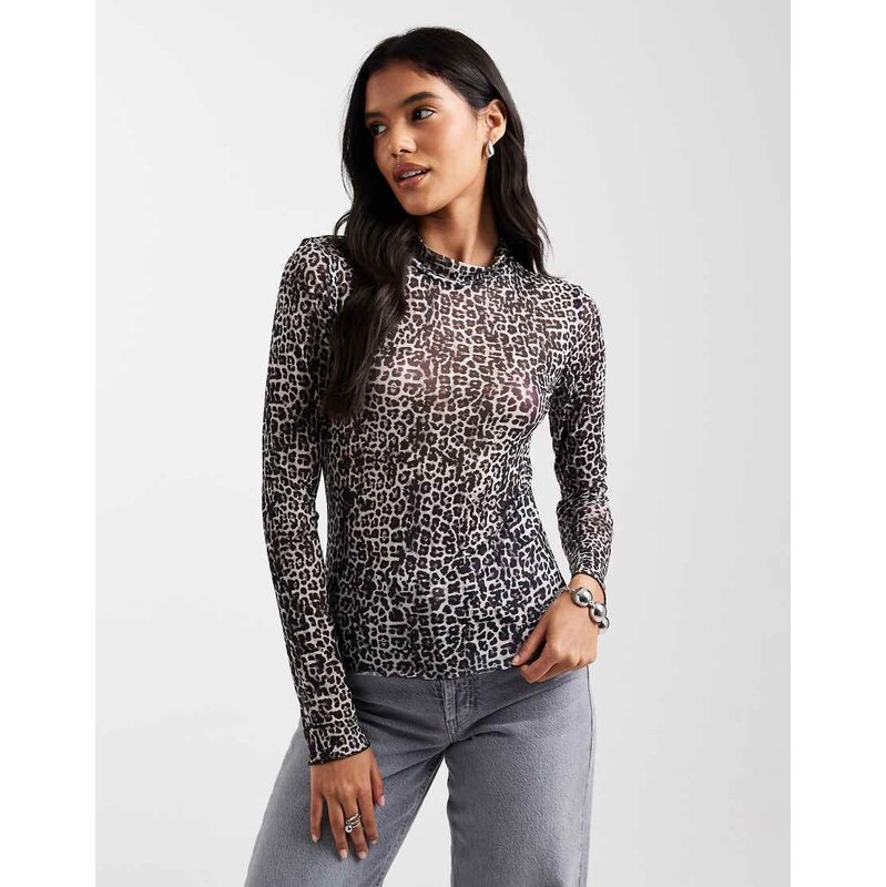 Pieces high neck mesh top in tonal animal print-Multi 108221612