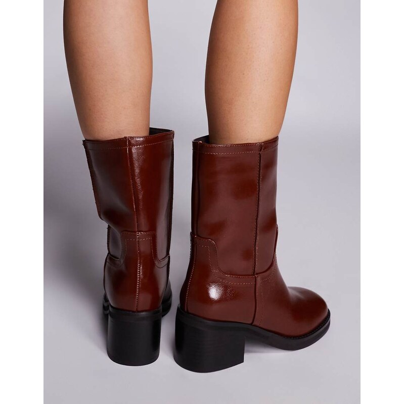 River Island block heeled calf boot in brown 108221658