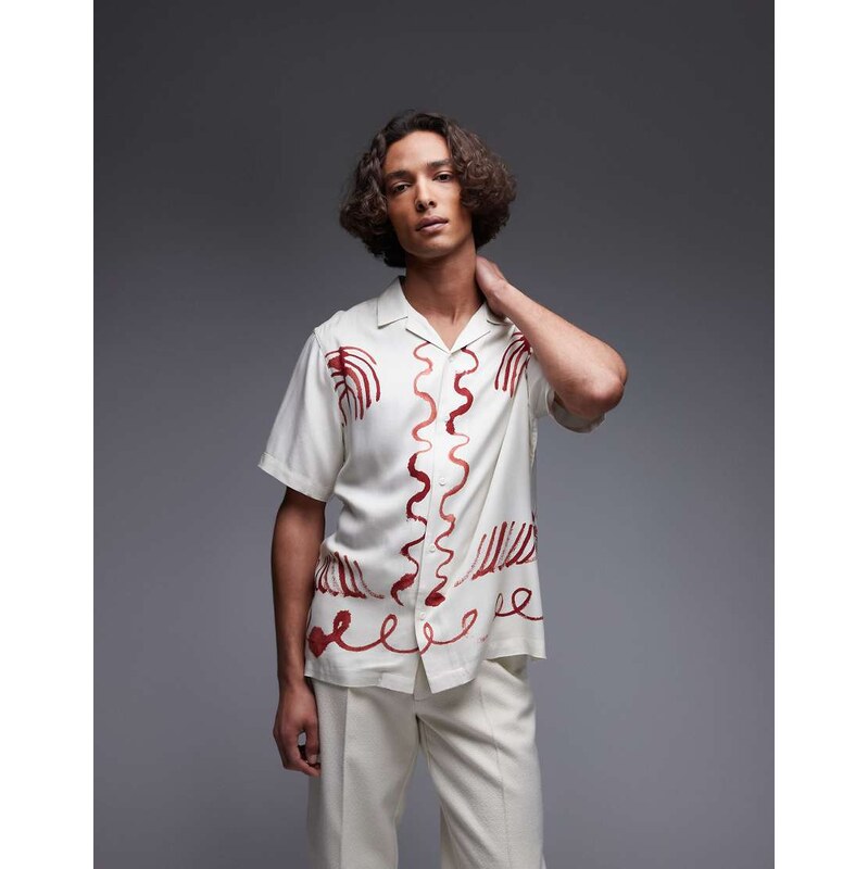 Topman relaxed fit short sleeve border print shirt in ecru