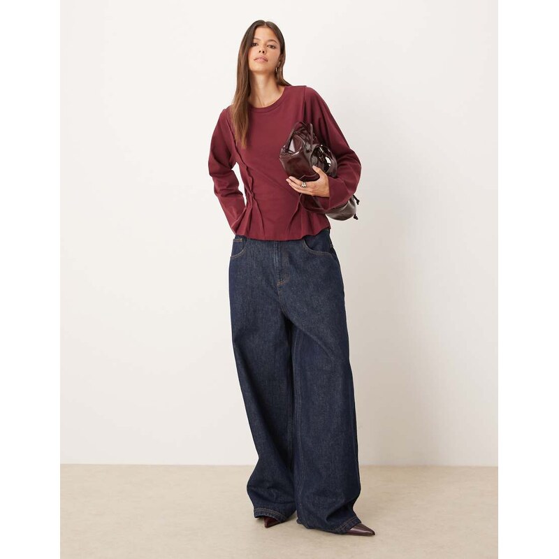 ASOS DESIGN long sleeve seam detail corset tee in burgundy-Multi