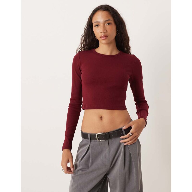 JJXX Feline long sleeve ribbed t-shirt in burgundy-Red
