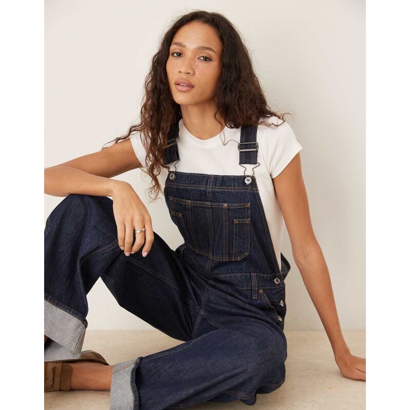 Abercrombie & Fitch cuff hem denim overalls in indigo blue 108228913