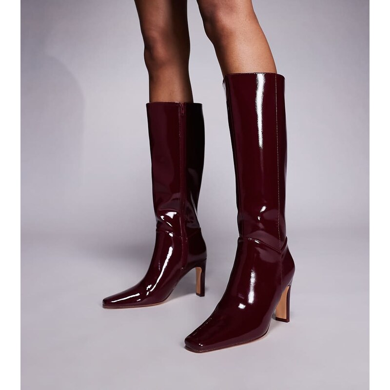 Public Desire Wide Fit Pose square toe heeled knee boots in burgundy 108354353