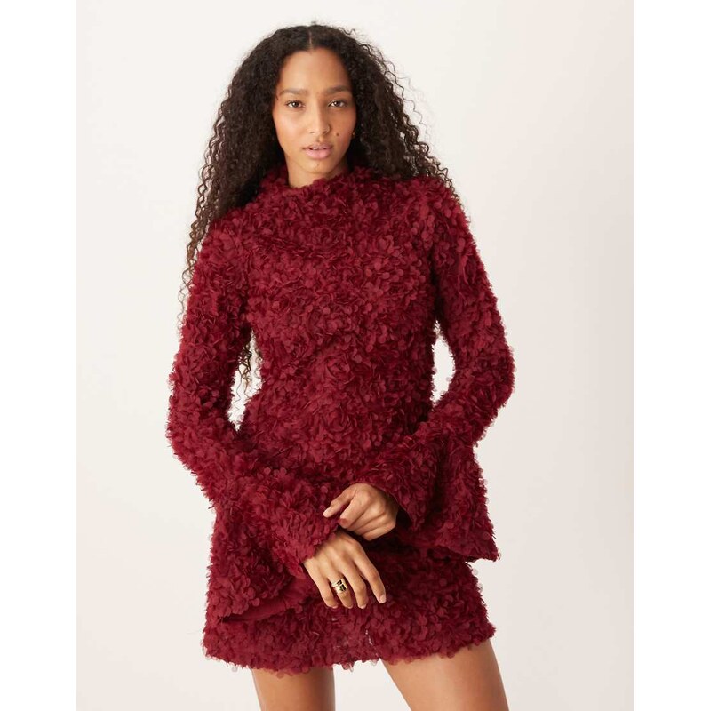 Amy Lynn textured bell sleeve high neck mini dress in red