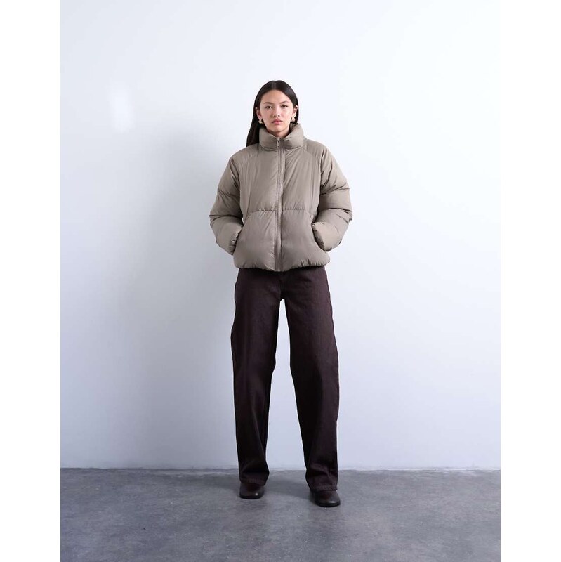 Topshop funnel neck puffer bomber jacket in mushroom-Grey 108375278