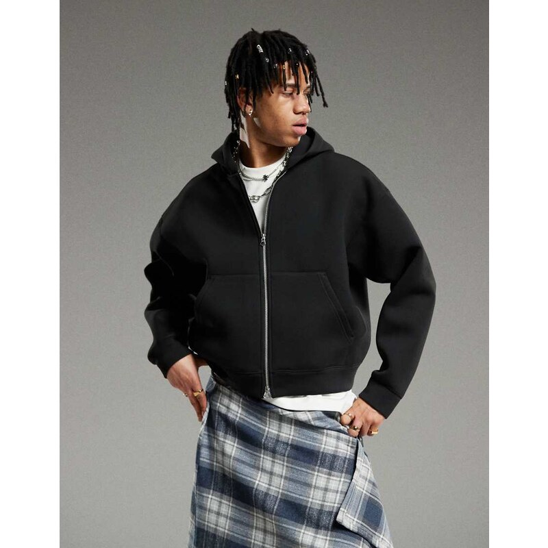 Weekday Simon zip through hoodie in black in scuba-style fabric