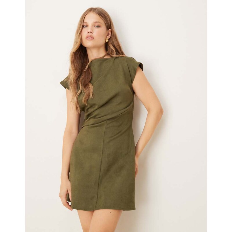 ASOS DESIGN suede drape mini dress in khaki in scuba-style fabric-Green