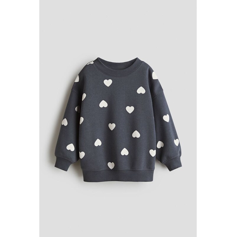H&M - Oversized mikinas česaným rubem - Tmavě Šedá/Srdíčka