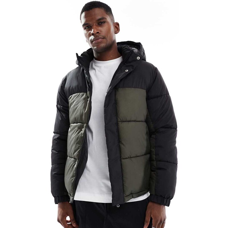 Jack & Jones hooded colour blocked puffer in black and green