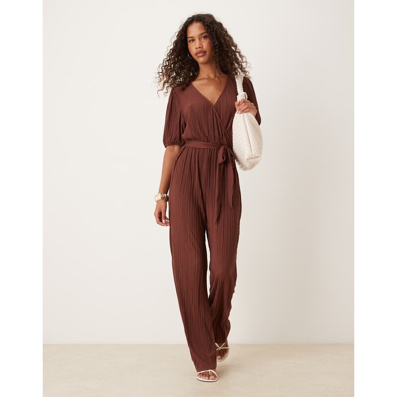 Vila plisse wrap front jumpsuit in chocolate brown 108228798