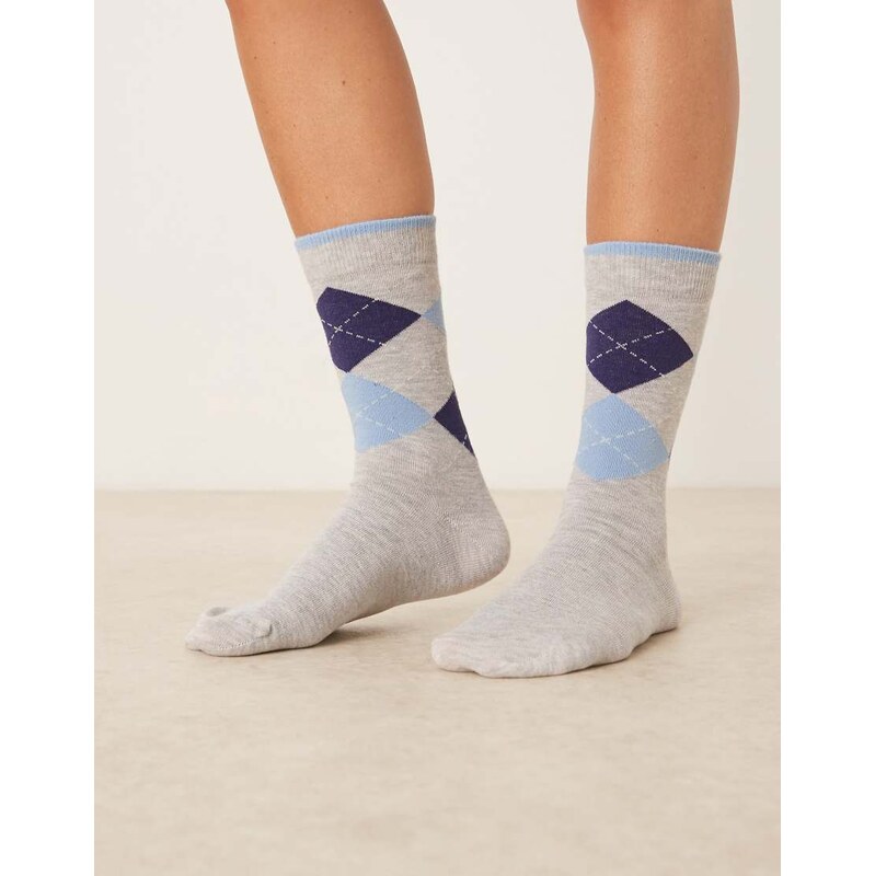 ASOS DESIGN argyle navy and blue check socks in grey marl 108228800
