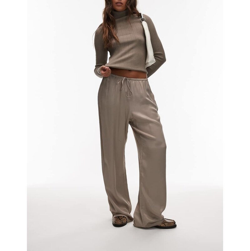 ASOS DESIGN satin wide leg trouser in mocha co ord-Brown 112578559