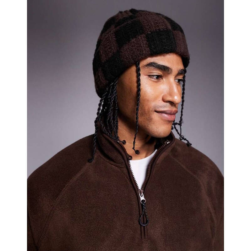 ASOS DESIGN knitted checkerboard rib beanie in brown and black 108228969