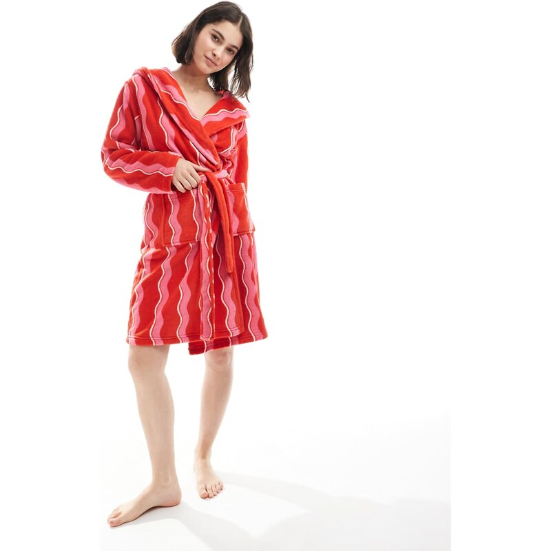 Urban Threads Christmas fleece robe in wavy red stripe - RED
