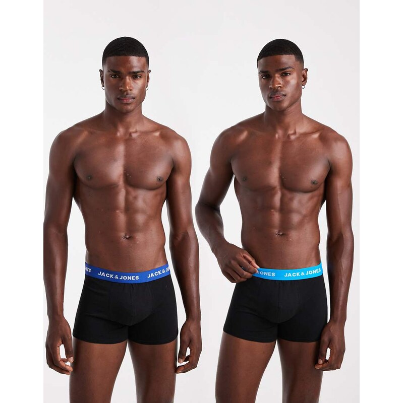 Jack & Jones 2 pack trunks with blue colour waistband in black