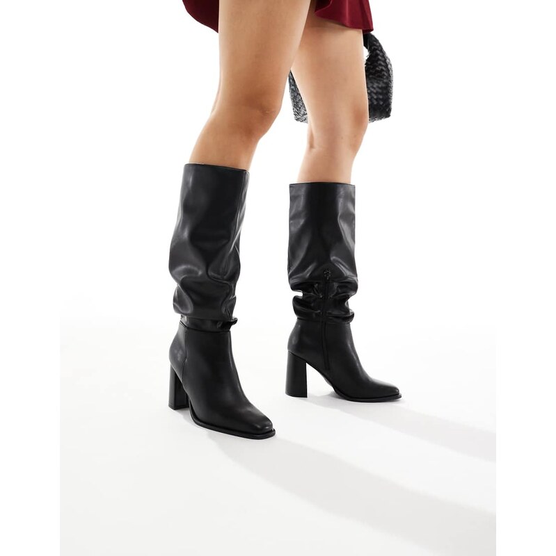 London Rebel Maggie slouchy block heel boots in black