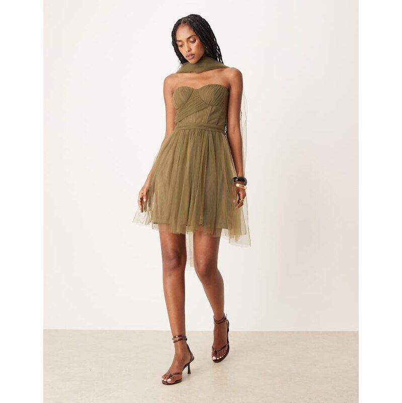 Lace & Beads scarf neck corset tulle mini dress in deep olive