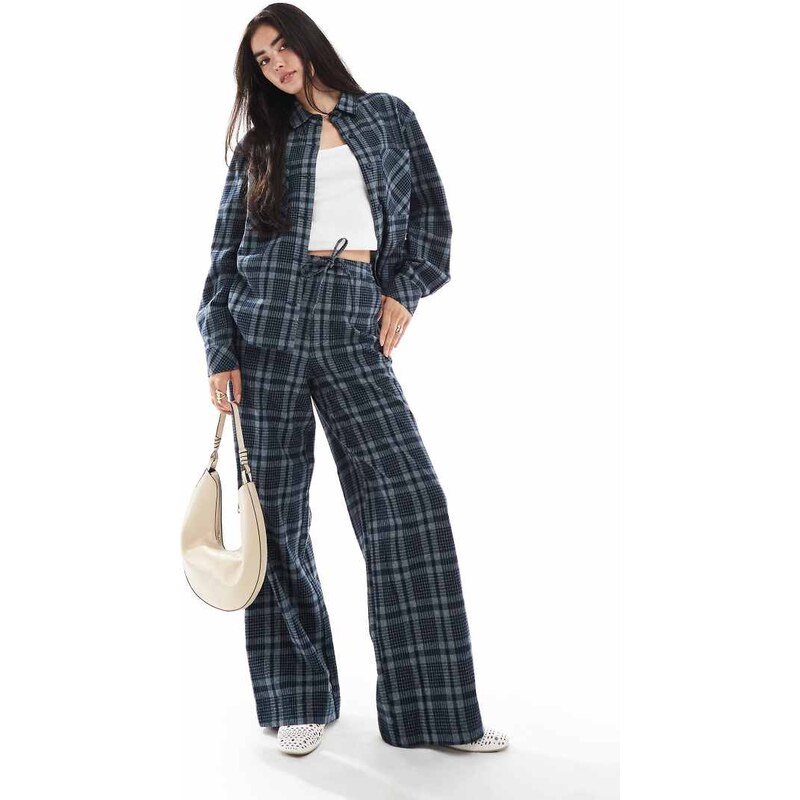 ASOS DESIGN wide leg tie waist trousers co-ord in brushed navy check