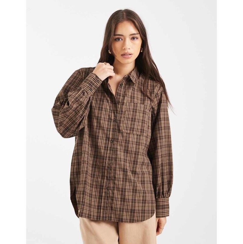 New Look check long sleeve shirt in brown 108450976
