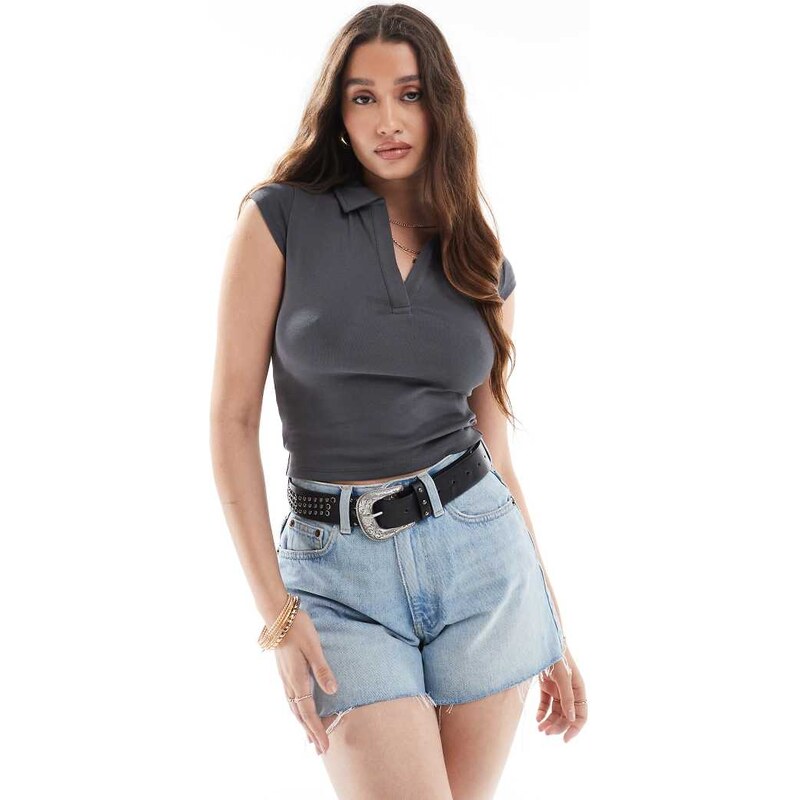 Cotton On v neck cropped polo in burnt ember-Grey