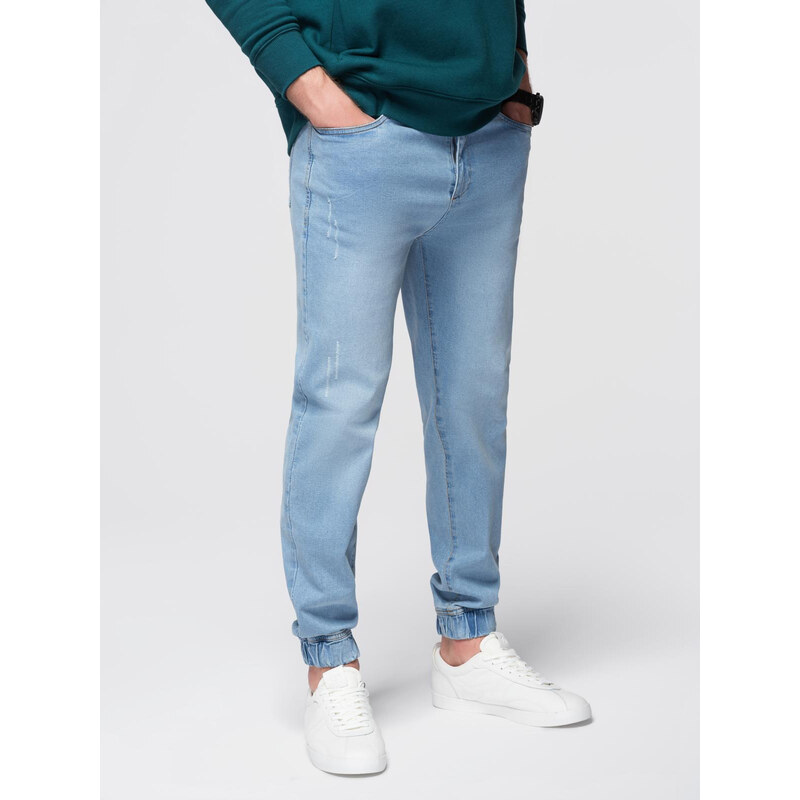 Ombre Mens denim JOGGERS pants with classic bandage - light blue