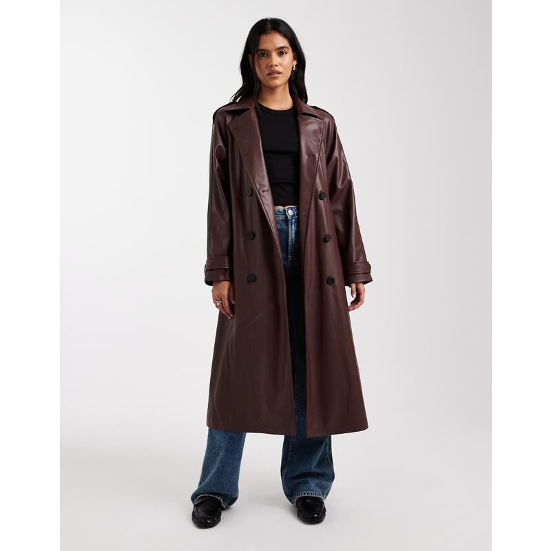 ONLY faux leather maxi trench coat in chocolate brown 112809033