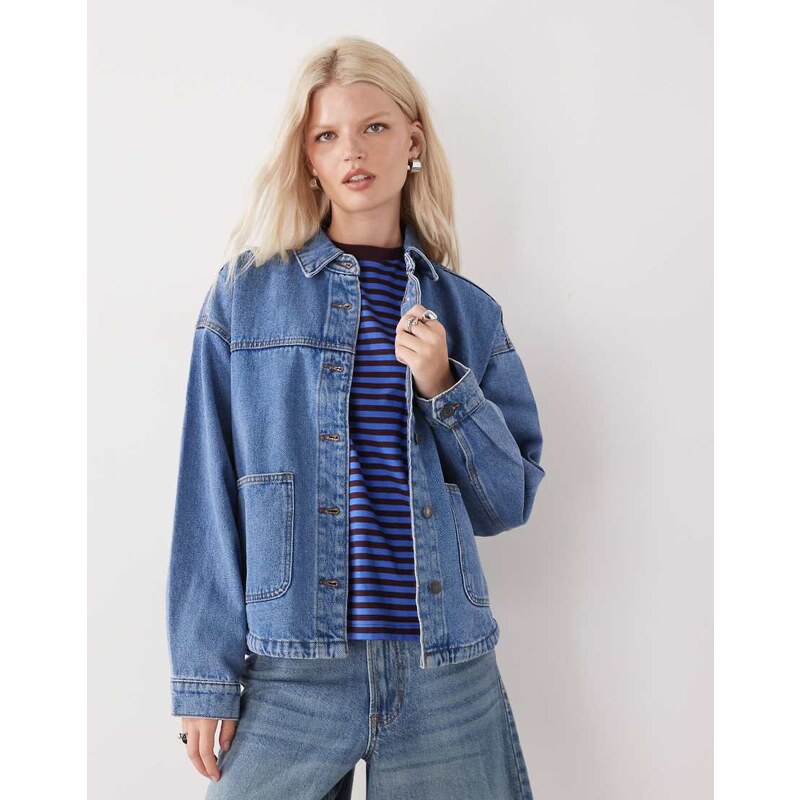 Noisy May boxy fit denim jacket in mid blue denim