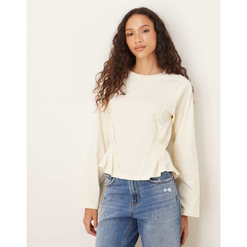 ASOS DESIGN long sleeve seam detail corset tee in cream-White
