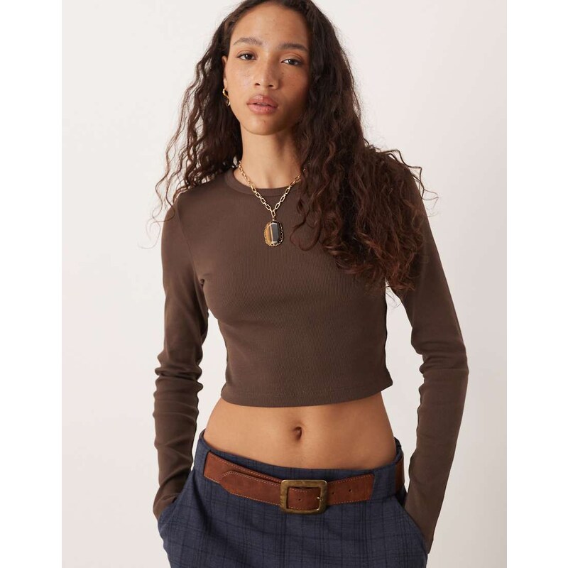 JJXX Feline long sleeve ribbed t-shirt in brown