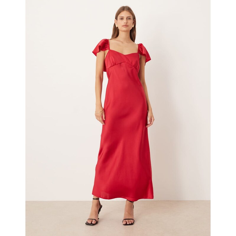 ASOS DESIGN flutter sleeve satin midi dress in dark red