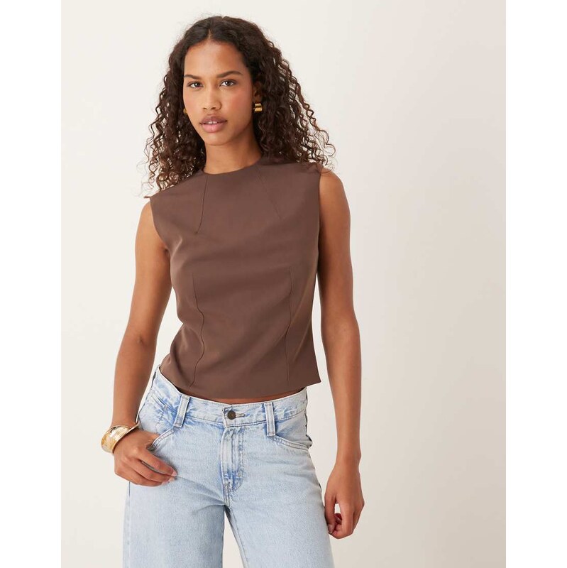 ASOS DESIGN slinky cut out detail top in brown-Neutral
