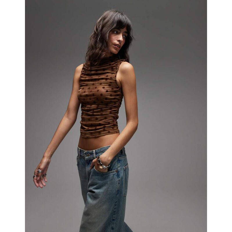 Emory Park polka dot sheer high neck top in brown 108240656