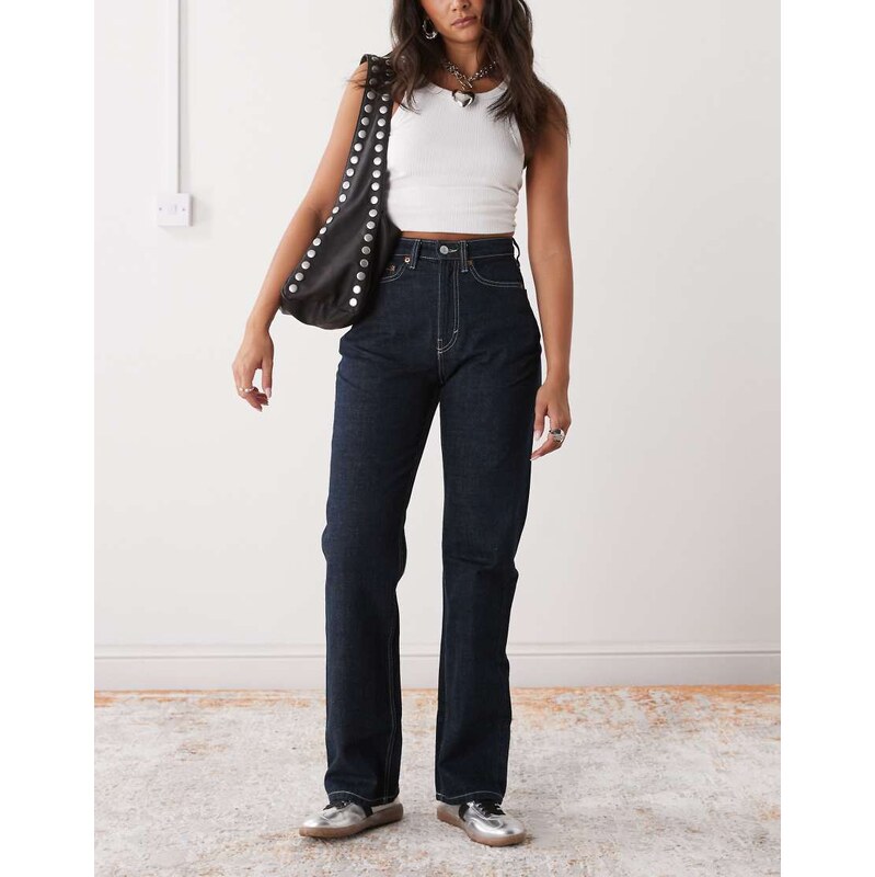 Weekday Resolute high waist straight leg jeans in dark blue 108240927