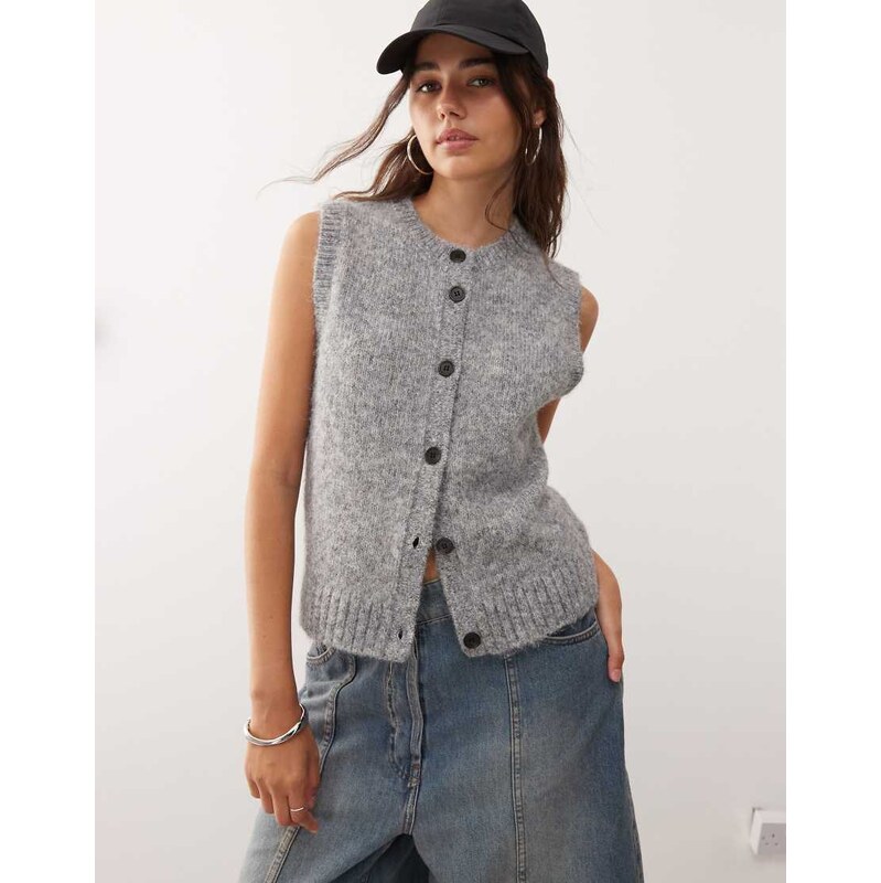Weekday knitted vest with high v neck in dark grey melange