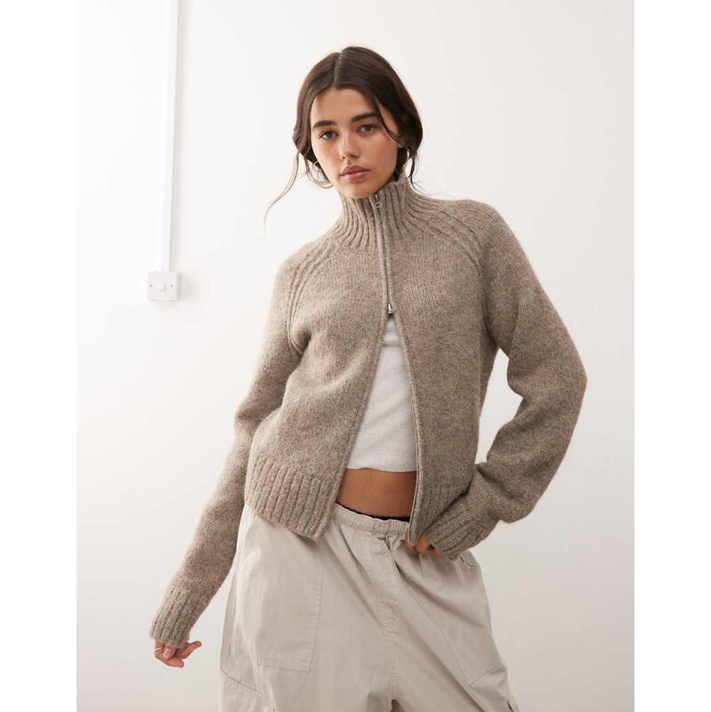Weekday wool blend hairy knit zip through cardigan in dark mole