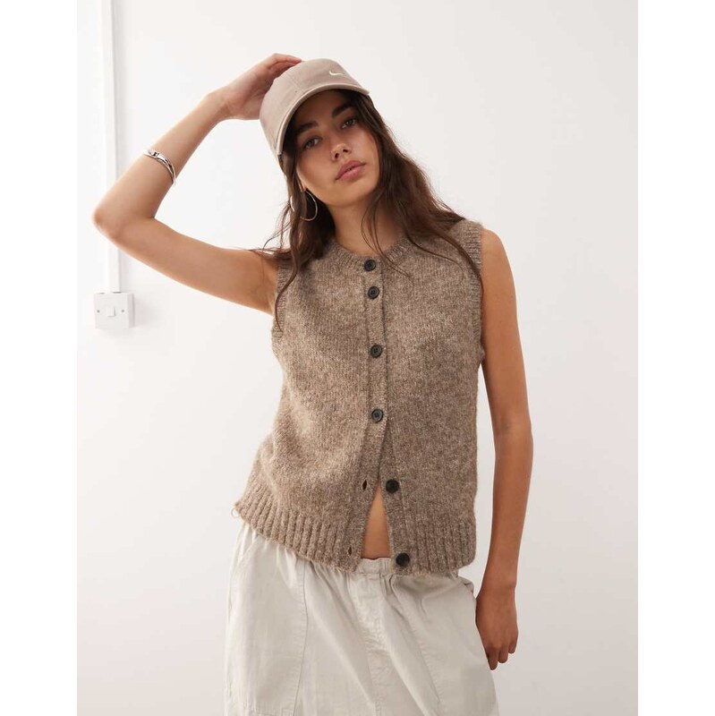 Weekday knitted vest with high v neck in beige melange exclusive