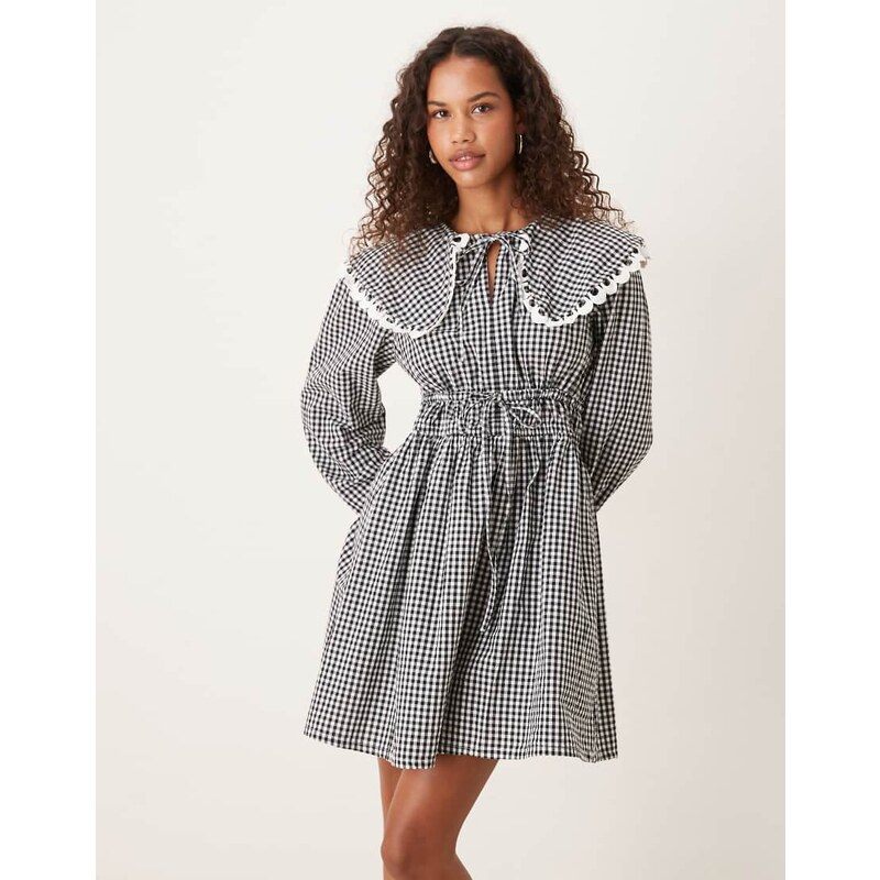 YAS tie detail collared mini dress in black and white check