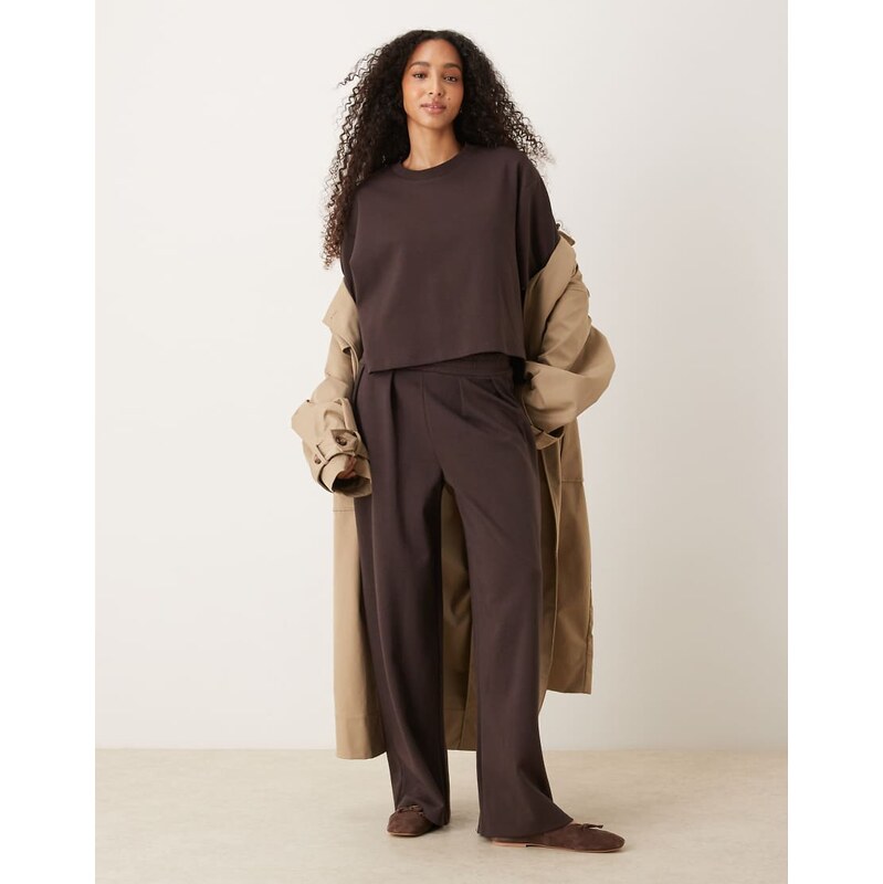 ASOS DESIGN co-ord interlock wide leg trouser in chocolate-Brown