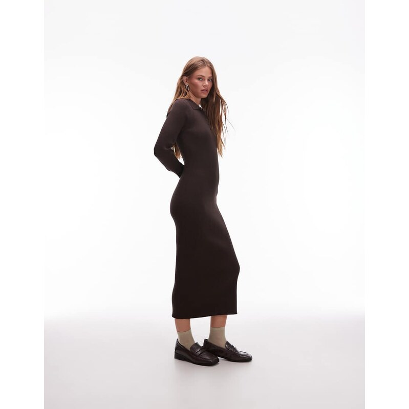 & Other Stories knitted midi dress with polo collar in brown 108240740