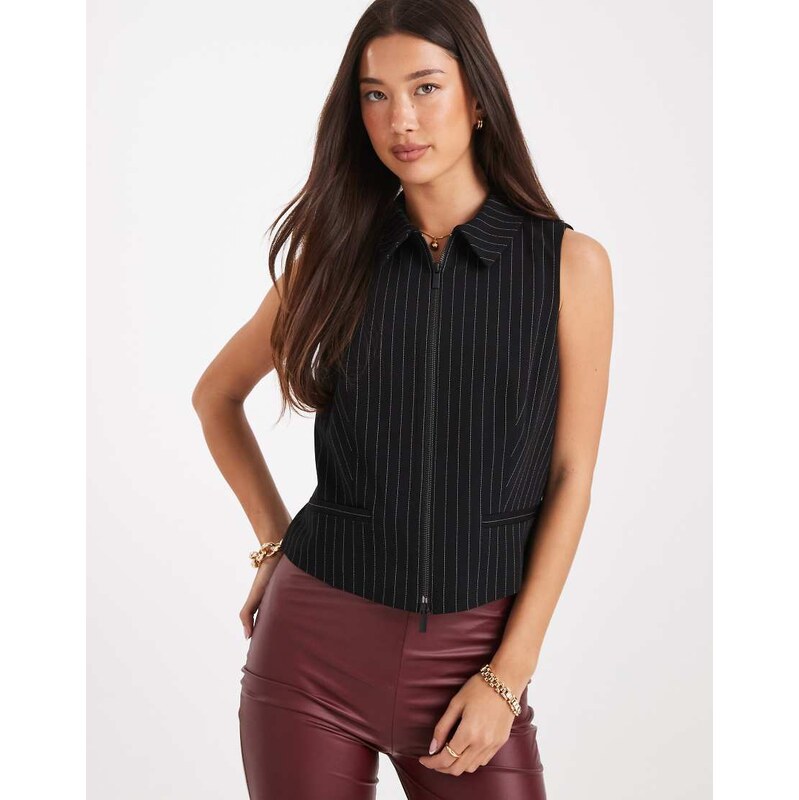 French Connection zip through tailored waistcoat in black pinstripe 115730582