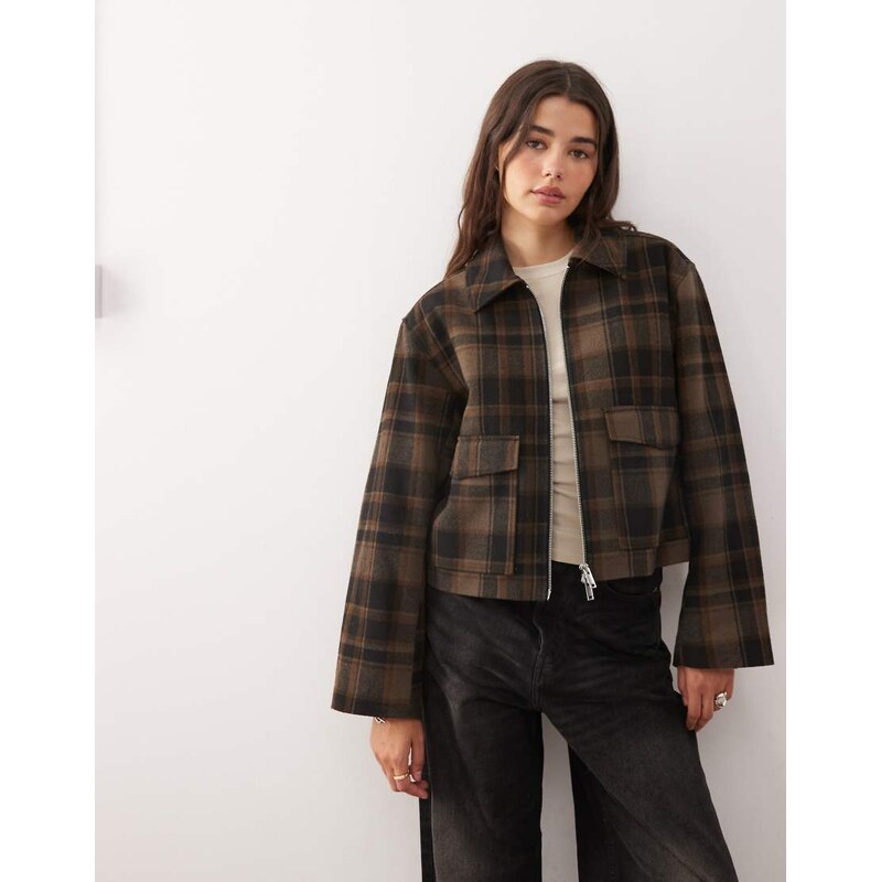 Monki short collared jacket with wool in brown check