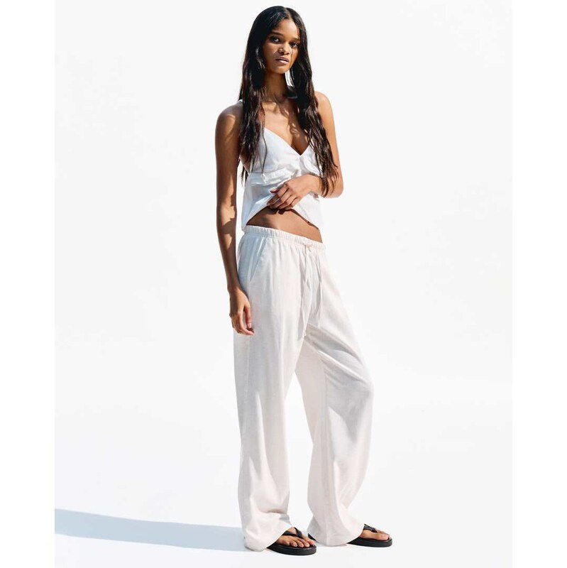 Bershka linen rich trousers with an elasticated waistband in