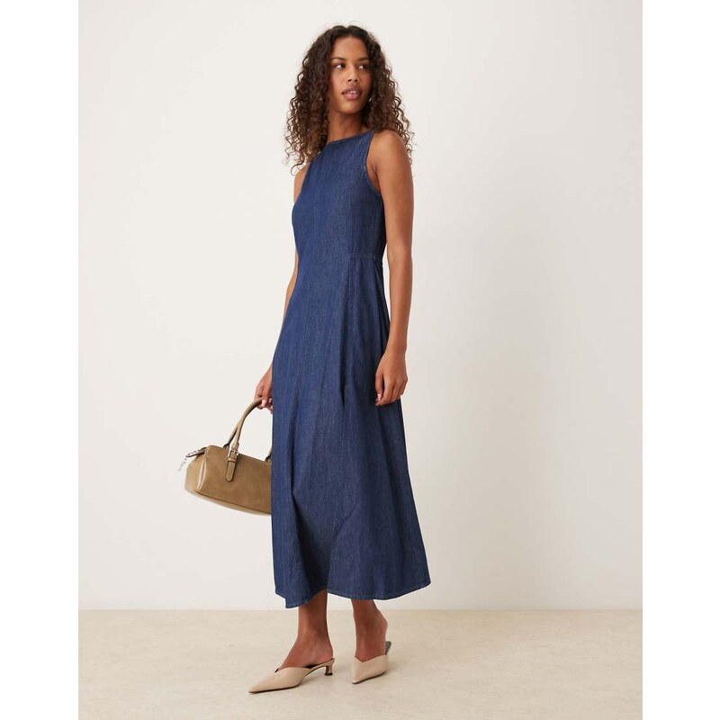 ASOS DESIGN denim racer midaxi dress with seam detail in dark