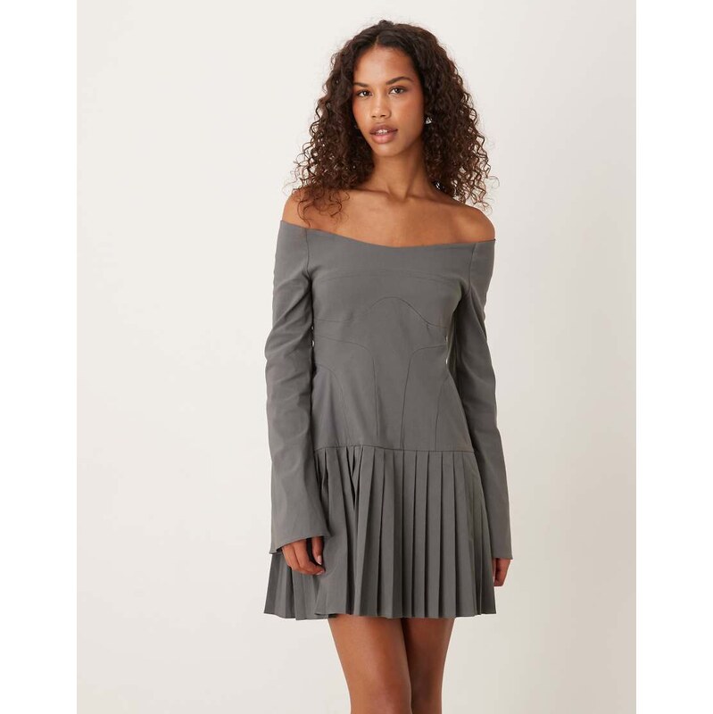 ASOS DESIGN long sleeve pleated skirt mini dress in slate grey